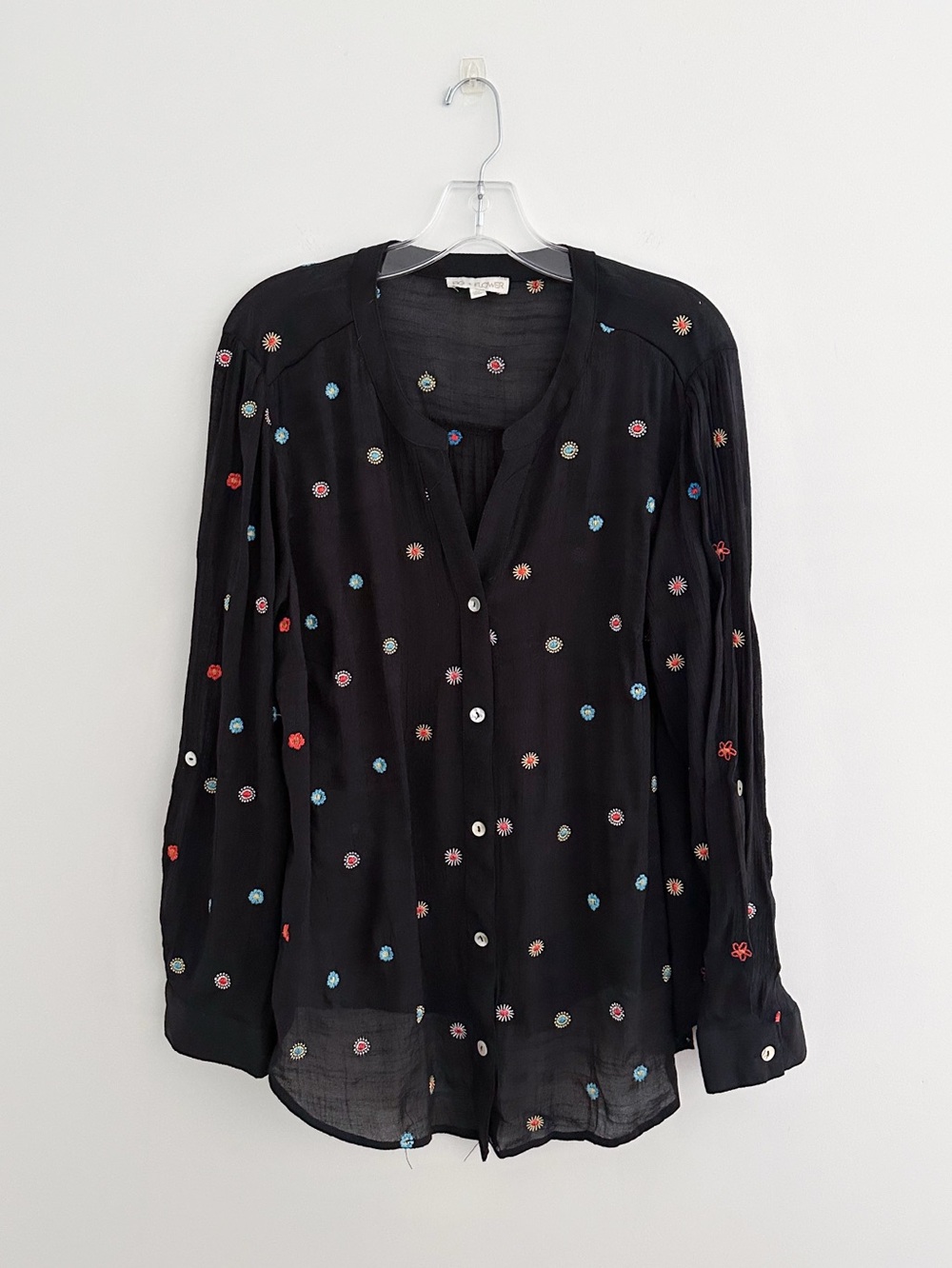 Fig + Flower Black Embroidered Floral Tunic Blouse Boho Button Front Size 2X